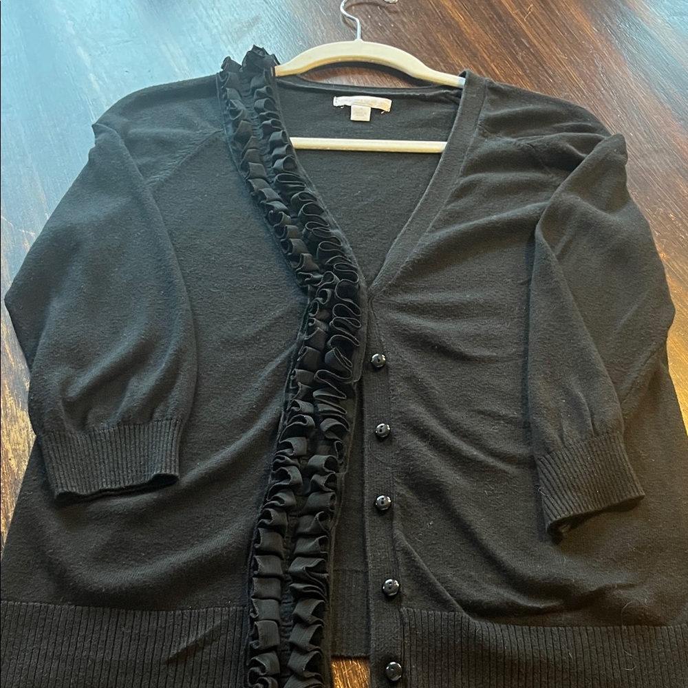 New York & Company Black Ruffle-Trim V-Neck Cardigan